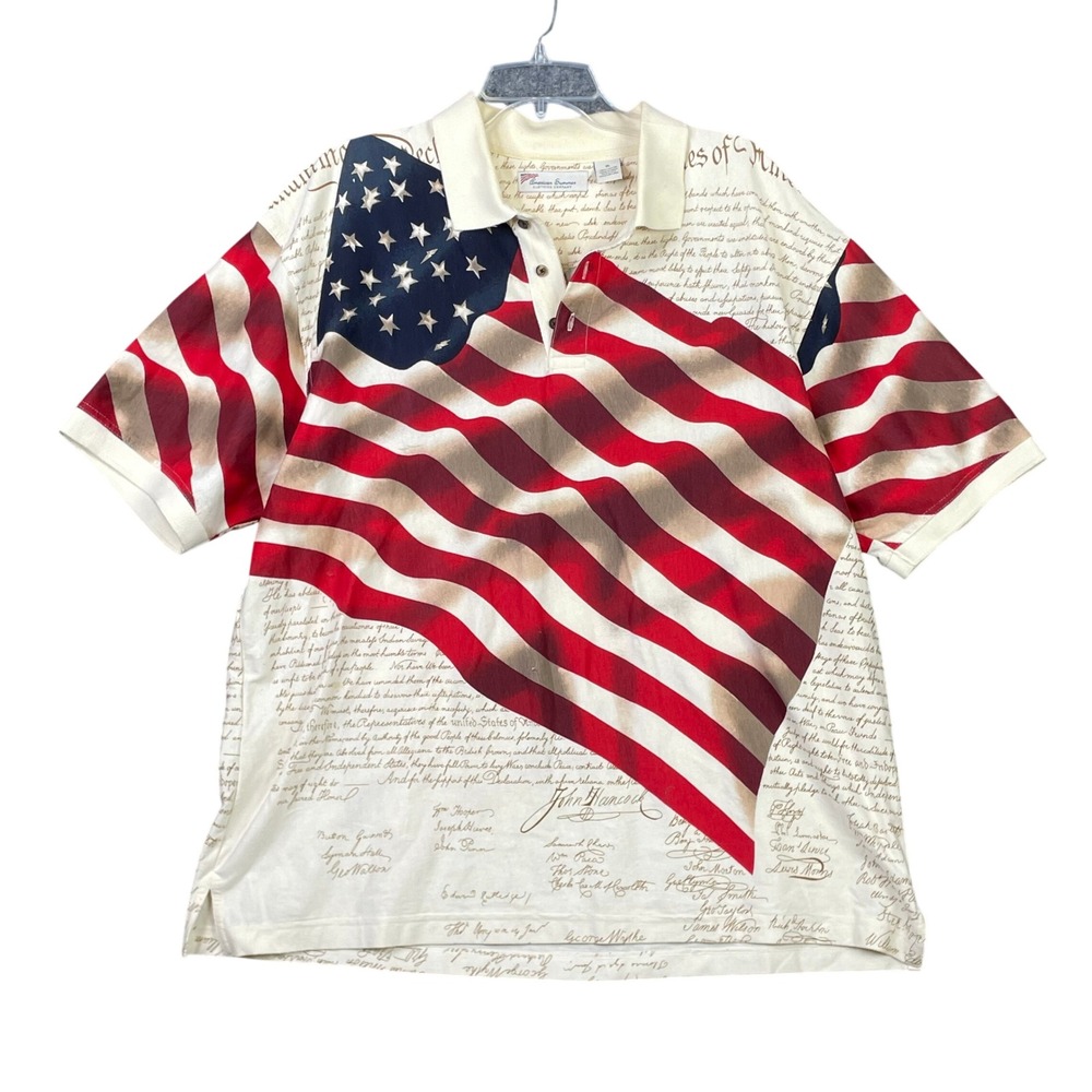 American Summer Polo Shirt Men XL Cream USA Flag Declaration Independence Cotton